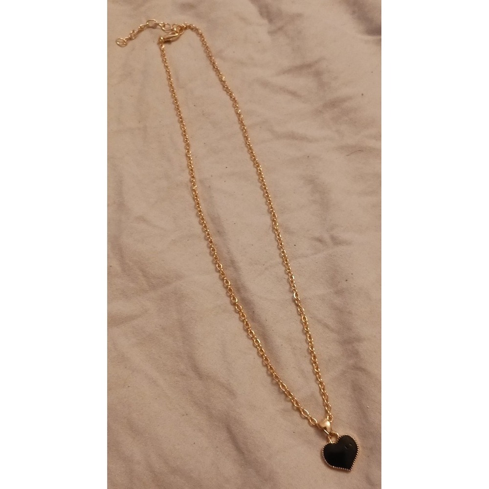 NEW Women's Small Black‎ Enamel Heart Charm Necklace on a Gold Chain